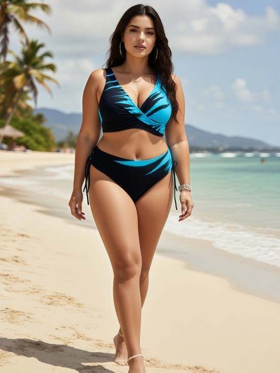 Plus Size Μπικίνι με Tie-Dye Εφέ & Κρουαζέ Σχέδιο Προσφορά