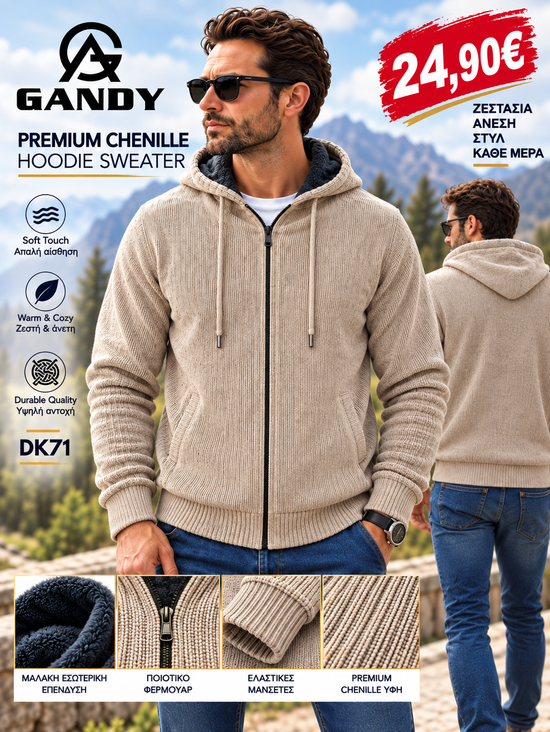 Ανδρική Πλεκτή Ζακέτα Chenille με Κουκούλα GANDY DK71 – Premium Ποιότητα Προσφορά