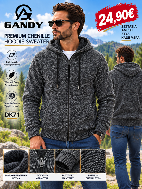 Ανδρική Πλεκτή Ζακέτα Chenille με Κουκούλα GANDY DK71 – Premium Ποιότητα Προσφορά